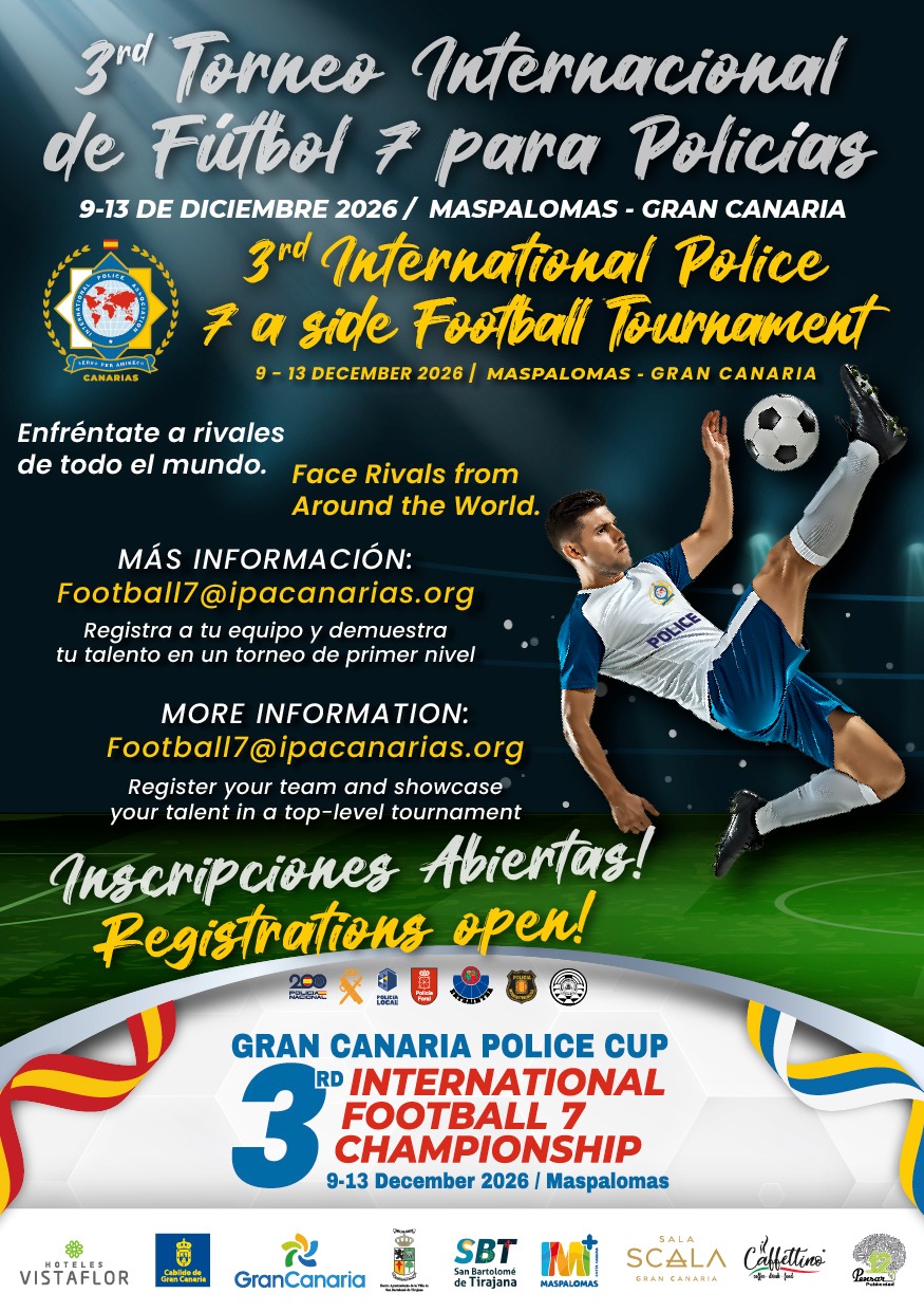 Cartel del 3er Torneo Internacional de Fútbol 7 para Policías, del 9 al 13 de diciembre de 2026 en Maspalomas, Gran Canaria